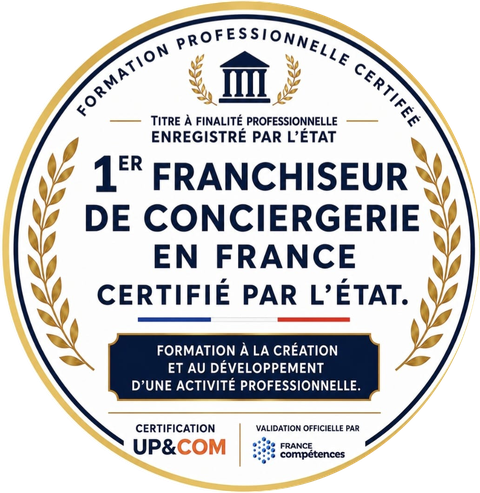 1er franchiseur de conciergerie en France certifi&eacute; par l'&Eacute;tat, certification UP&COM et validation officielle par France Comp&eacute;tences
